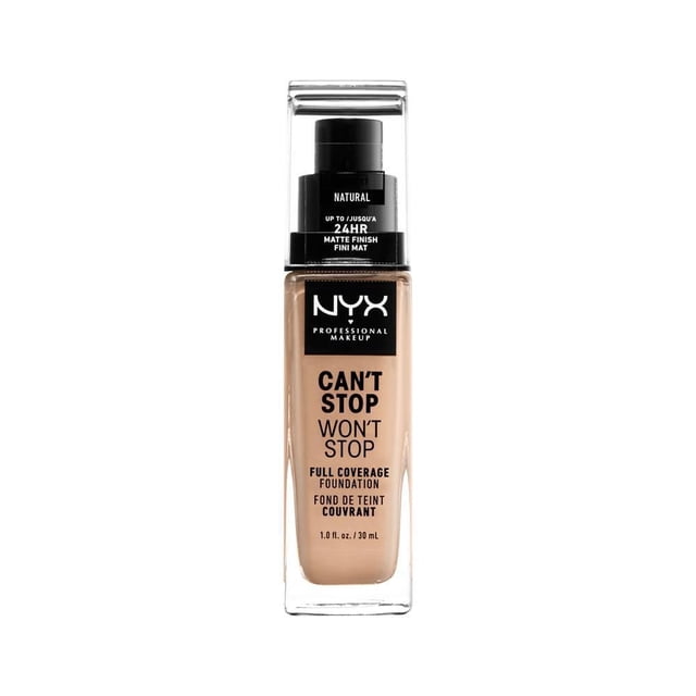 Full Coverage Foundation Can't Stop Won't Stop, 30 mL by NYX Professional Makeup in a clear rectangular glass bottle with black pump and cap, natural shade, matte finish, waterproof liquid foundation offering long-lasting 24-hour full coverage and shine control, suitable for normal to sensitive skin types.