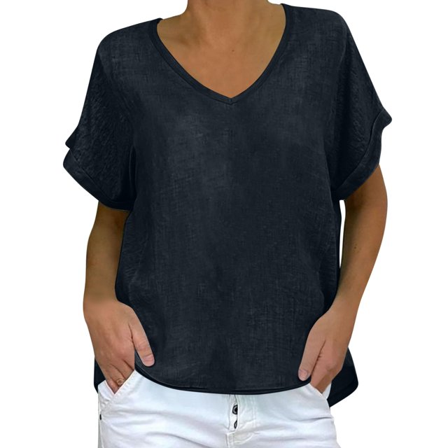 Baberdicy 2025 Hauts pour Femmes - Blouses Tuniques à Manches Courtes à Col en V Style Bureau Décontracté Noir TTG