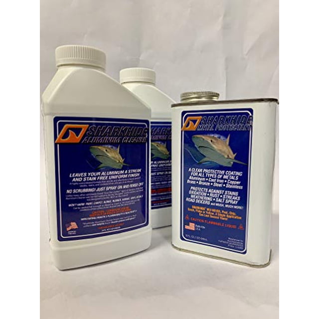 Sharkhide Aluminum Pontoon Boat Cleaner and Protectant kit, including two 1-quart bottles of Sharkhide Aluminum Cleaner and one 1-quart bottle of Sharkhide Aluminum Protectant. The products are designed for cleaning and protecting aluminum surfaces, particularly pontoon boats. The cleaner is a concentrated acid-based formula that removes stains and streaks, while the protectant offers durable, long-lasting protection against environmental exposure.