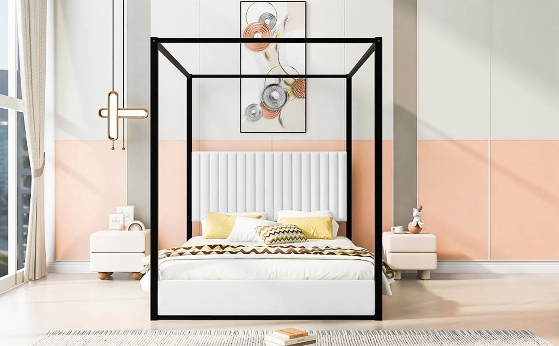 Noble House Queen Size Upholstery Canopy Platform Bed with Headboard and Metal Frame,White