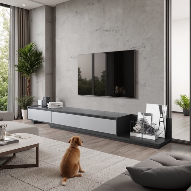Nesscarsti Expandable TV Stand for TVs up to 120 inches, shown in a modern living room setting. The grey entertainment center features a sleek, reversible design with three spacious drawers for storage. Its extendable length adjusts from 78.7 to 130 inches, accommodating various TV sizes and room layouts. The stand is crafted from high-quality MDF with a finely veneered surface showcasing natural wood grain. A mounted TV is displayed above the stand, with decorative items and books placed on the wide tabletop surface. The room includes a light grey sofa, a coffee table, and a dog sitting on a neutral-toned rug, enhancing the cozy ambiance.