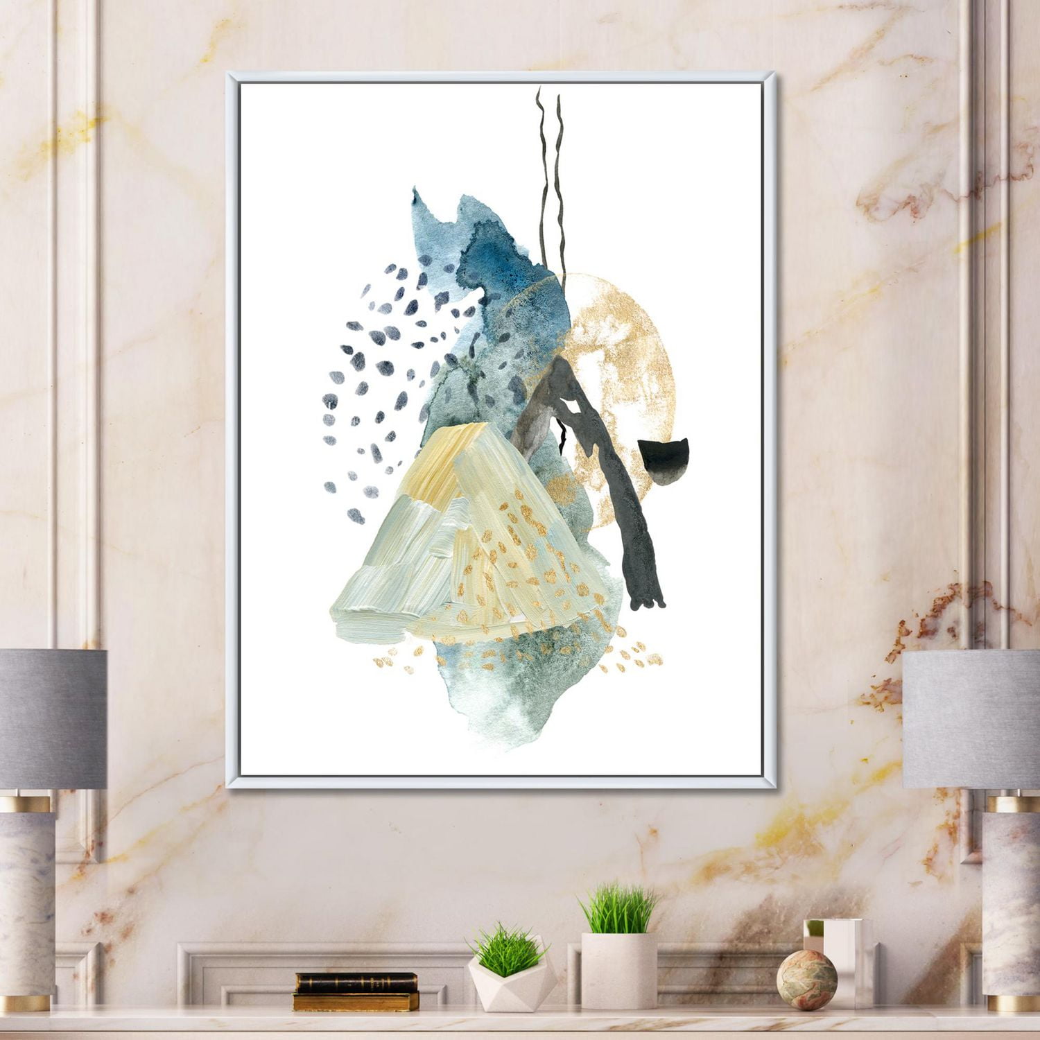 Designart Gouache Of Abstract Landscape With Mountain Moon FLOAT FRAME WALL ART