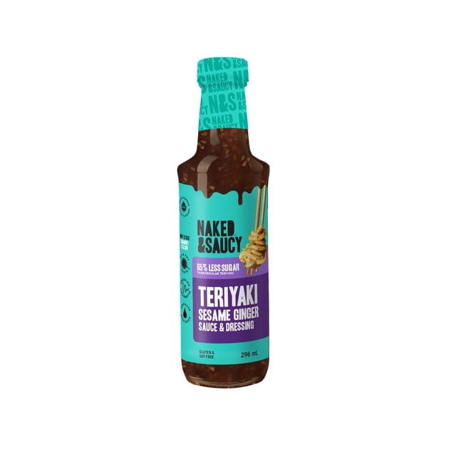 Naked & Saucy Low Sugar Teriyaki Sauce, 296mL front-facing clear bottle with dark amber teriyaki; label shows Naked & Saucy Teriyaki Sesame Ginger and low-sugar claim, notes gluten-, soy- and dairy-free; suited for marinating, grilling or drizzling over stir-fries and vegetables and often used as a glaze or dipping sauce.