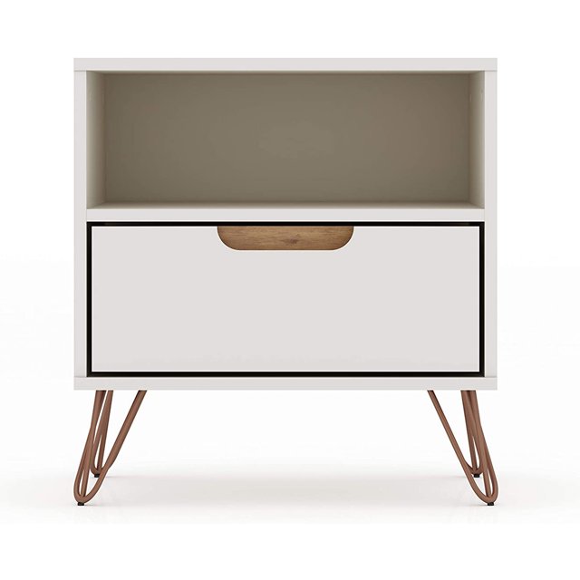 Manhattan Comfort Rockefeller Modern 1 Drawer Nightstand, Off White & Nature