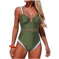 thumbnail image 1 of OHMZYZO Womens One Piece Swimsuit Mesh Panel Contrast Trim V Neck Ruched Tummy Control Bathing Suit For Beach Swimming Pool Vacation, 1 of 8