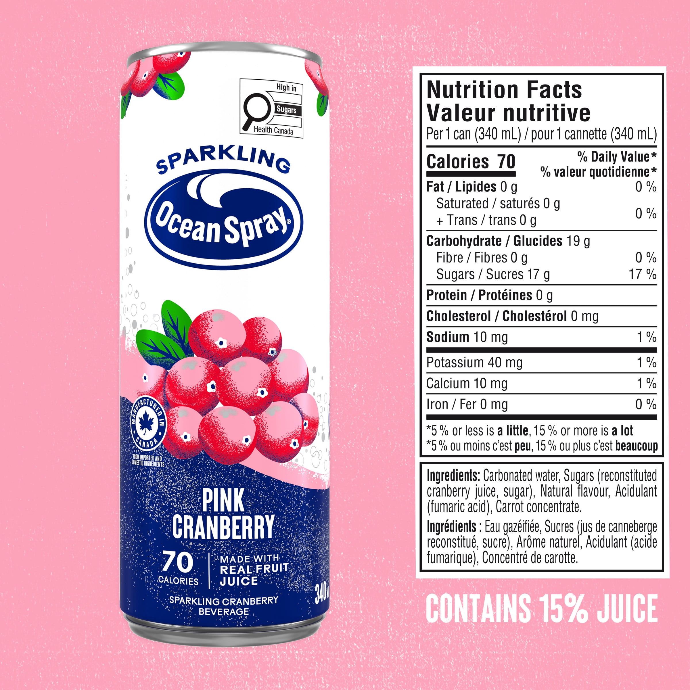 Ocean Spray boisson pétillante rose 6 canettes. Une explosion de bulles fruitées. Le goût rafraîchissant des canneberges roses, blanches et rouges mêlé à des bulles. Sans allergènes. Recyclable.