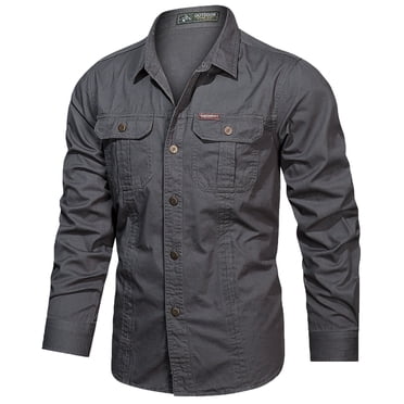 Ketyyh-chn99 Chemises de Travail pour Hommes Vêtements d'Automne Homme Automne Hiver Couleur Unie Coton Simple Double Poche Manches Longues Chemise Lavée Gris,G
