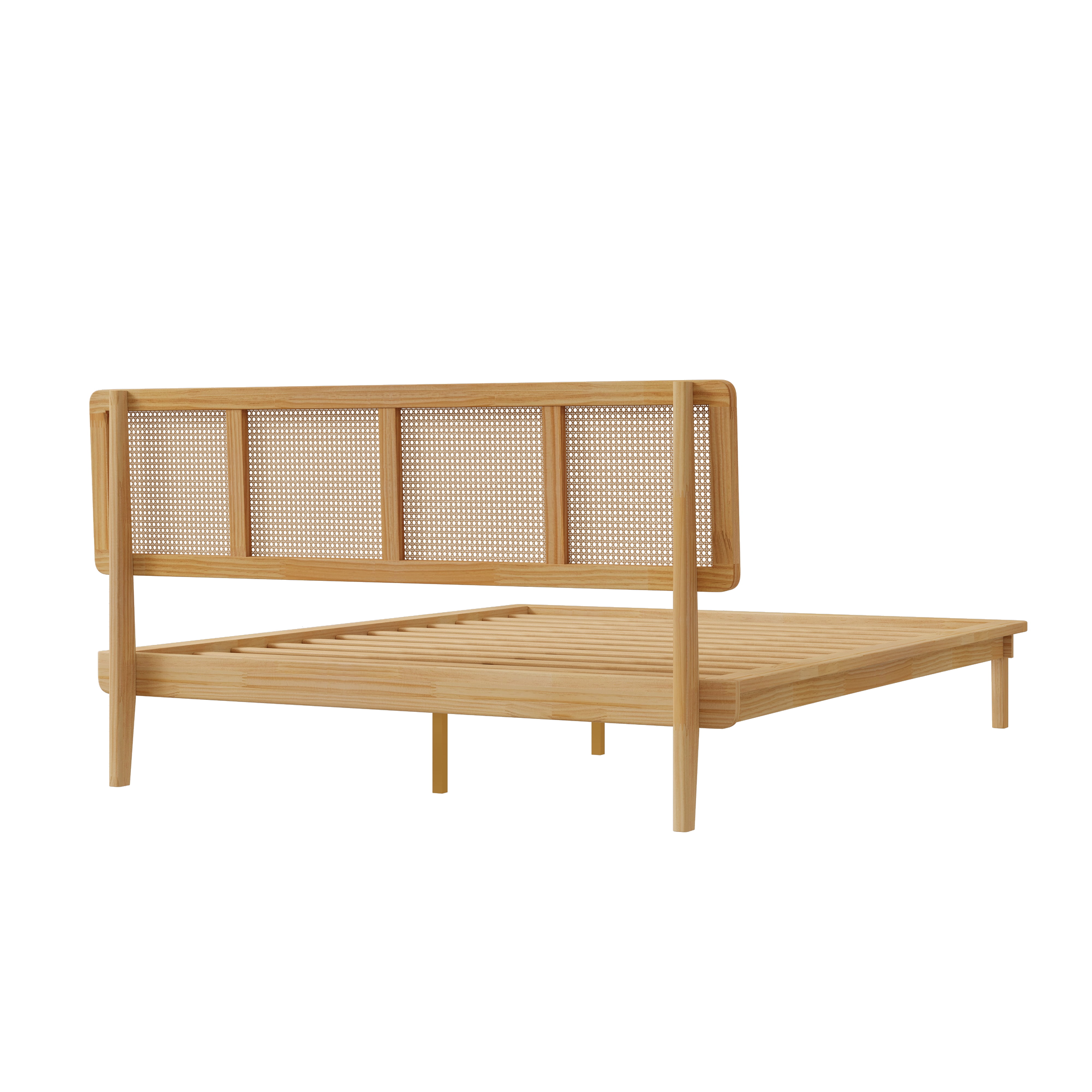 Noble House Modern Rattan Platform Bed,Cane Headboard & Footboard with Natural Woven Panels,Mid-Century Bed Frame,Walnut