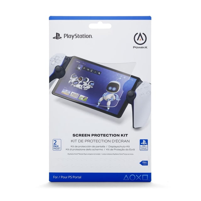 PowerA Screen Protection Kit for PlayStation Portal™ Remote Player packaging showing a clear screen protector on a PlayStation Portal device with white controllers, designed to prevent scratches and minimize glare, includes 2 screen protectors, microfiber cloth, and applicator for easy installation.