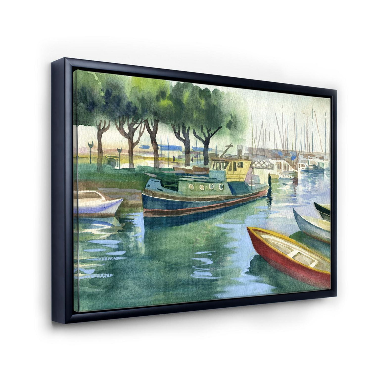 Designart Bateaux au printemps vert ART MURAL À CADRE FLOTTÉ