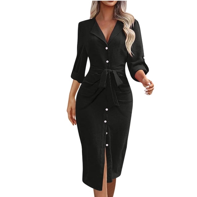 cfhntfmh Robes Décontractées pour Femmes Élégantes à Col, Manches Longues, Chemises Boutonnées, Robe Mode Longueur Midi avec Ceinture en Noir. Cette Robe Longueur Midi Présente une Encolure à Col, un devant Boutonné et une Taille Ceinturée pour une Coupe Ajustée. Idéale pour les Sorties Décontractées, le Travail, les Événements en Soirée Ou pour le Printemps et l'Été.