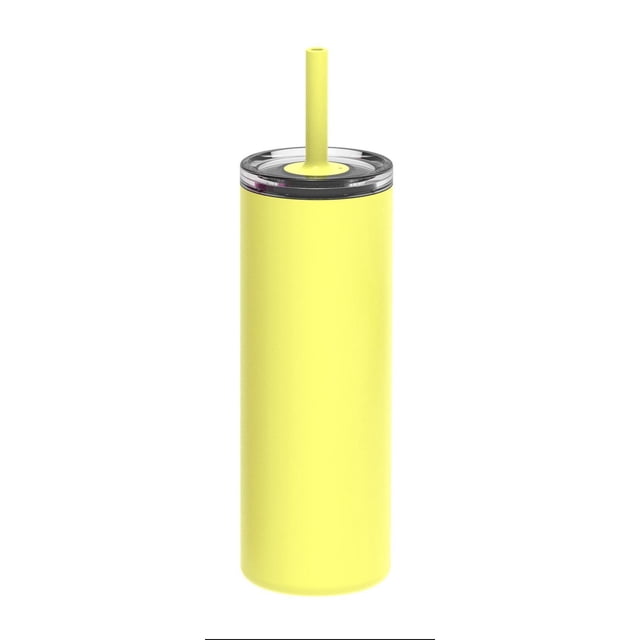 mainstays 20oz Double Walled Stainless Steel Tumbler in yellow with a clear lid and matching yellow straw, featuring vacuum insulated double walls to keep drinks hot or cold, BPA-free stainless steel construction, and a durable design ideal for kids
