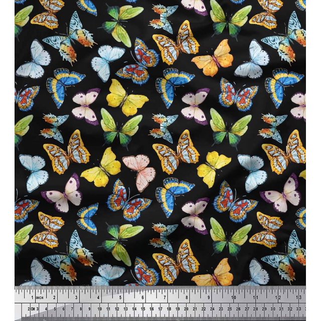 Soimoi Black Poly Georgette Fabric Colorful Butterfly Print Fabric by Yard 42 Inch Wide