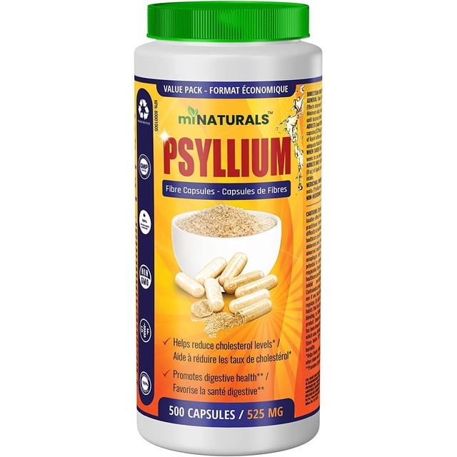 miNATURALS Psyllium Husk Fibre Capsules Supplement 525 mg, Value Pack, 500 Capsules. The image features a cylindrical container with a green lid and bright yellow-orange labelling. The label highlights benefits like promoting digestive health, reducing cholesterol, and supporting gut balance. A bowl of psyllium husk powder and capsules is displayed, emphasizing the natural, sugar-free formulation. Suitable for adults and adolescents aged 13 and up, this value pack is an affordable alternative to brands like Metamucil.
