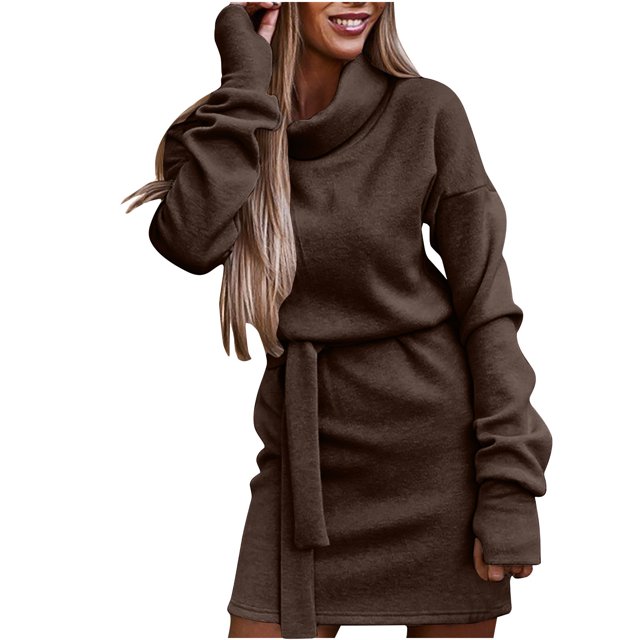 Birdeem Robe Confortable pour Femme, Couleur Unie, Ceinture, Manches Longues, Mode, Déplacement