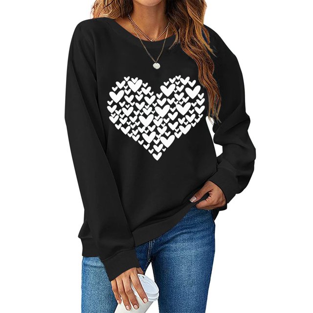 Chemise de Saint-Valentin pour Femmes 2024 Col Rond Chemises Décontractées Cœur d'Amour Graphiques Tees Manches Longues Amples Pull Tops Mode Vacances T-Shirt