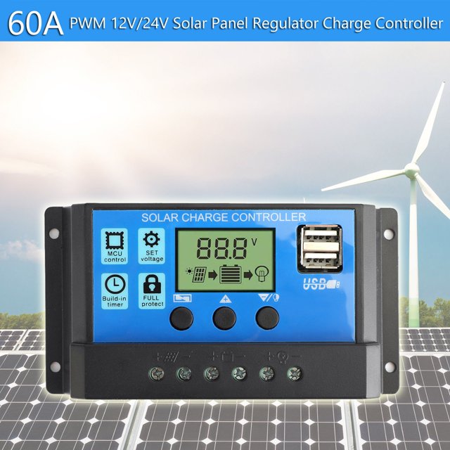 60A Solar Panel Battery Regulator Charge Controller PWM LCD Dual USB 12V/24V