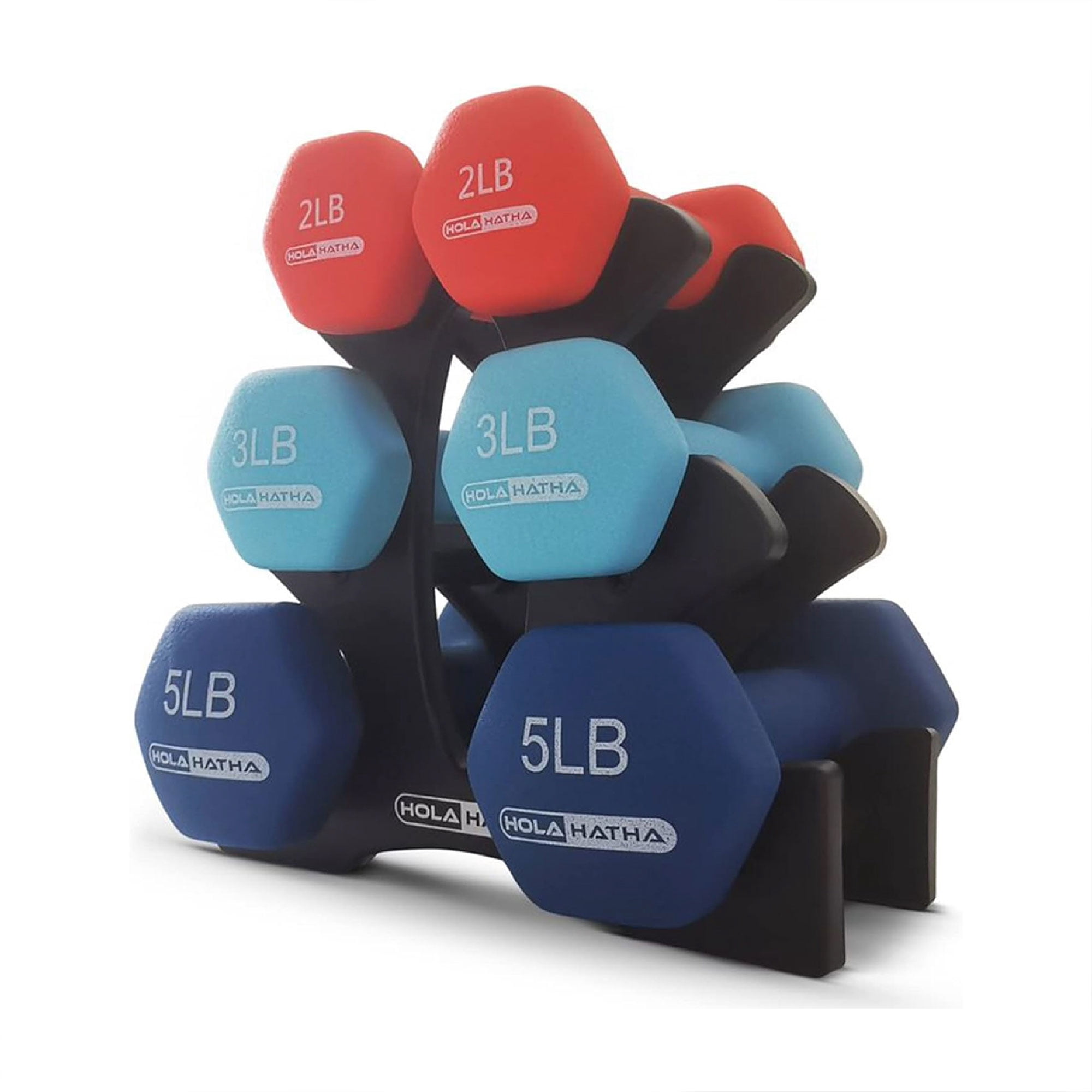 HolaHatha Ensemble d'Haltères Libres en Néoprène de 2, 3 et 5 Lb avec Support, Rouge/bleu
