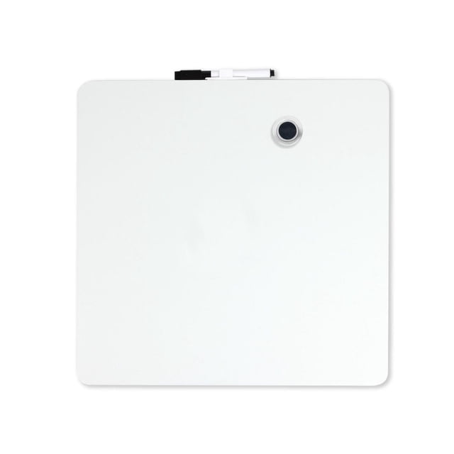 PEN+GEAR 17X17 magnetic dry erase tin with a frameless white steel surface, a black marker clipped at the top, and a round black magnet near the upper right corner, serving as a dry erase and bulletin board ideal for classroom or office communication.
