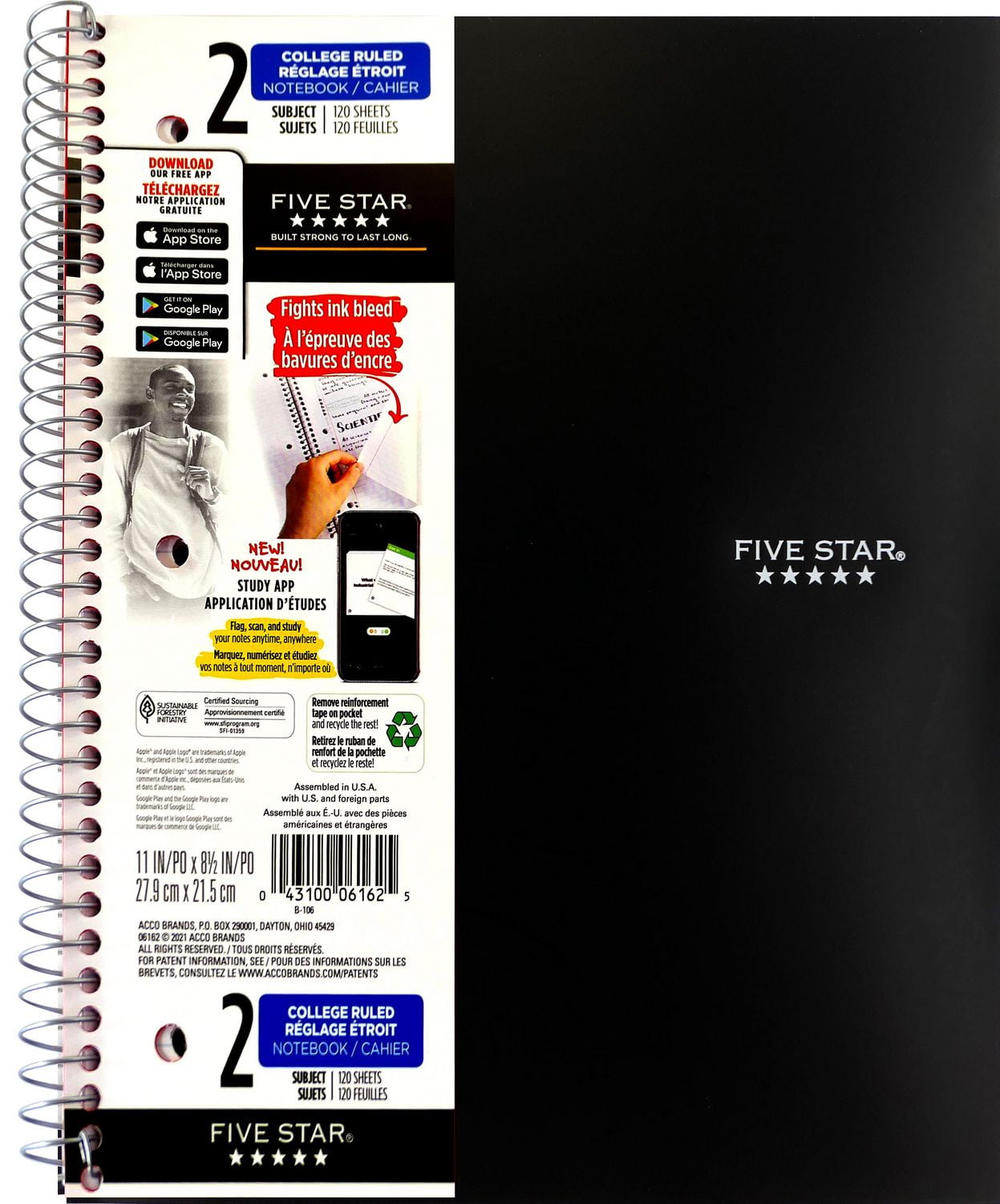 Cahier Five Star 2 sujets 240pg 11po, paquet de 12