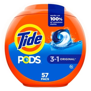 Tide PODS laundry detergent pacs, 3-in-1 Stain Remover, Odor Fighter, Color Protector, 57 Count, HE compatible, Original Scent
