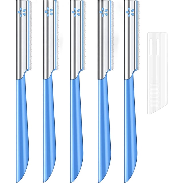 Fine Hair Remover Dermaplaning Tool for Women - Exfoliating Facial Razor for Sensitive Skin. A set of five blue-handled facial razors with high-quality steel blades, designed for precise dermaplaning and fine hair removal. Each razor features an ergonomic handle for non-slip grip and comes with protective covers for safe storage. Suitable for use on the face, neck, hands, and other areas, these lightweight and portable tools are ideal for travel and gentle on sensitive skin.