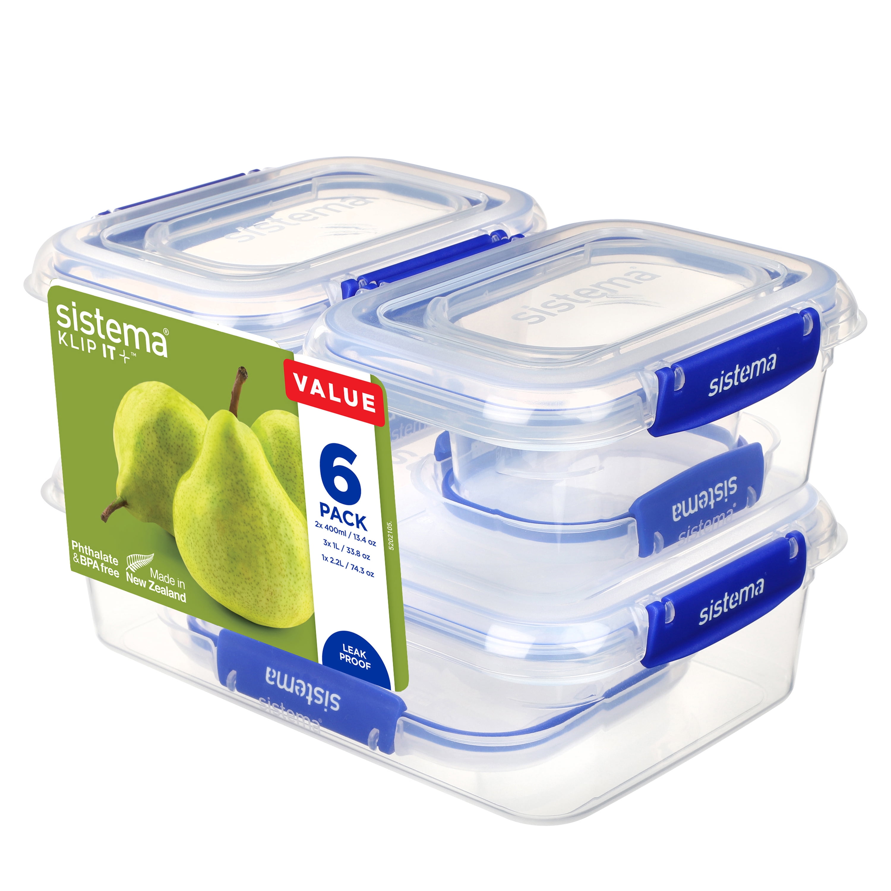 Récipients de conservation alimentaire Sistema KLIP IT PLUS, 2 x 400 ml, 3 x 1 l, 1 x 2,2 l, sans BPA, 6 unités