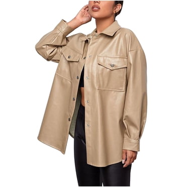 IROINID Women's Mid-Length Faux Leather Jacket Turndown Lapel Solid Color Long Sleeve Loose Cool Jacket Zipper Fitted Coat Fall Short Jacket, Black