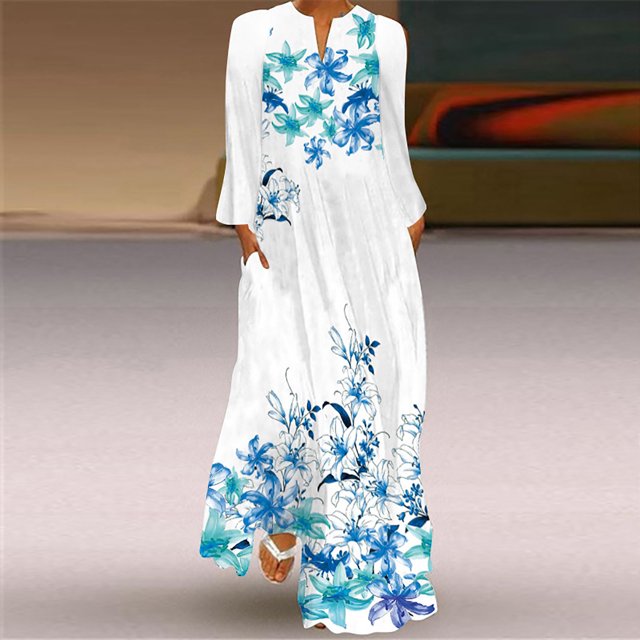 Robes pour Femmes Robe Longue Aguichant à Imprimé Numérique pour Femmes Col en V avec Poches Robe à Manches Longues Robes à Manches Longues pour Femmes en Liquidation