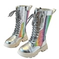 thumbnail image 2 of Mevxay Girls Lace Up Riding Combat Boots Fall Kids Mid Calf Shoes PU Leather Side Zipper Cowboy Punk Cute Goth Boot Silver 32, 2 of 8