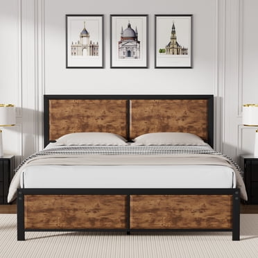 VECELO Queen Size Metal Platform Bed Frame with Wooden Headboard and Footboard, Strong Metal Slats Support/No Box Spring Needed, Brown