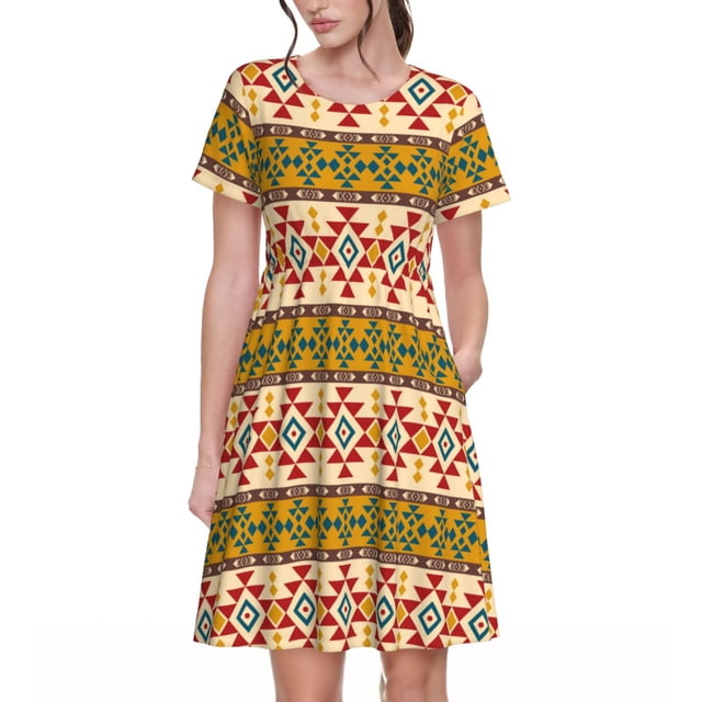 Vsdgher Aztèque pour Femmes Été 2025 Décontracté Robes Midi Maxi Légères Manches Courtes Col Rond Robe de Plage