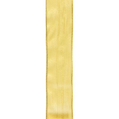 Offray 10mm Firefly Ribbon in sheer yellow fabric with gold metallic edges, measuring 10mm by 2.7432m, suitable for floral arrangements, gift wrapping, decorations, and crafts.