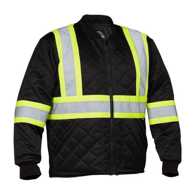 Forcefield Men's Hi-Visible Safety Freezer Jacket in black quilted polyester with lime yellow and reflective silver CSA Z96 and ANSI 107 compliant safety stripes on chest, shoulders, and sleeves, rib-knit collar and cuffs, front zipper, and two front pockets, lightweight and breathable for moderate cold, suitable for refrigerated warehouse work.