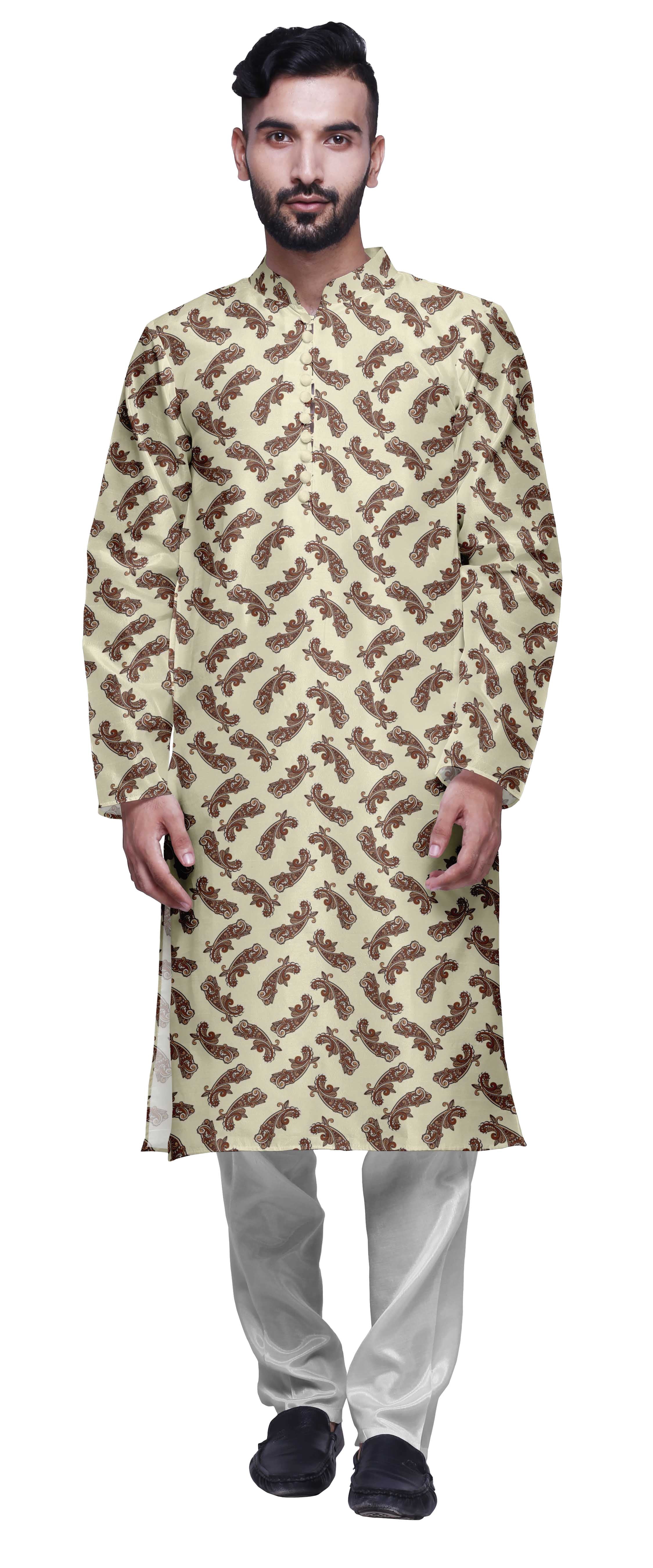 Atasi Mens Printed Modal Satin Indian Long Kurta With White Churidar Pajama Set