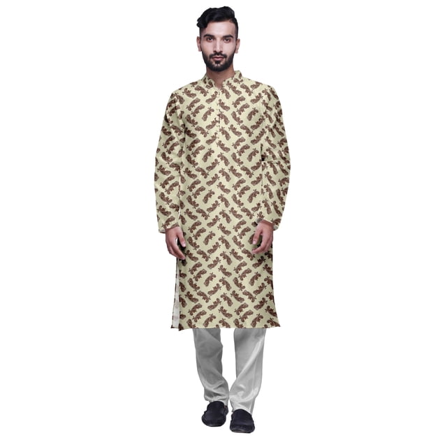 Atasi Printed Long Kurta For Men With White Churidar Pyjama Set Traditional Wear