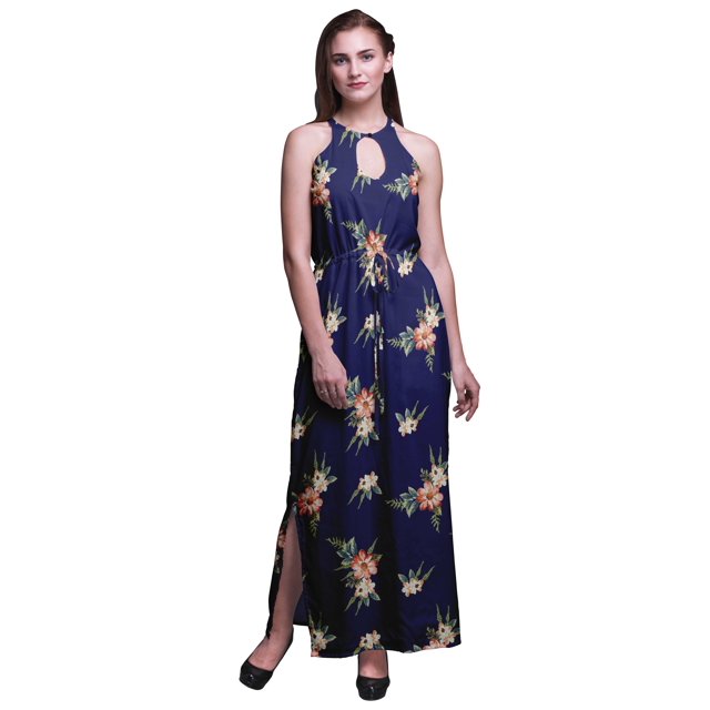 Bimba Robe Maxi à Fleurs pour Femmes Sans Manches à Col Ras du Cou, Dos Nu, avec Fentes Latérales - XX-Grand