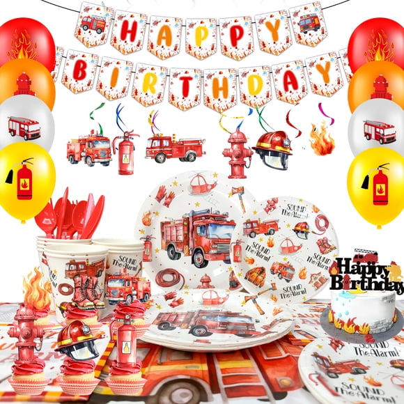 Fournitures pour Fête d'Anniversaire de Camion de Pompiers, Ensemble de 103 Pcs de Décorations et Vaisselle d'Anniversaire de Camion de Pompiers - Assiettes, Gobelets et Décorations de Gâteau de Camion de Pompiers, Bannière, Etc., Décorations de Fête d'Anniversaire de Pompier