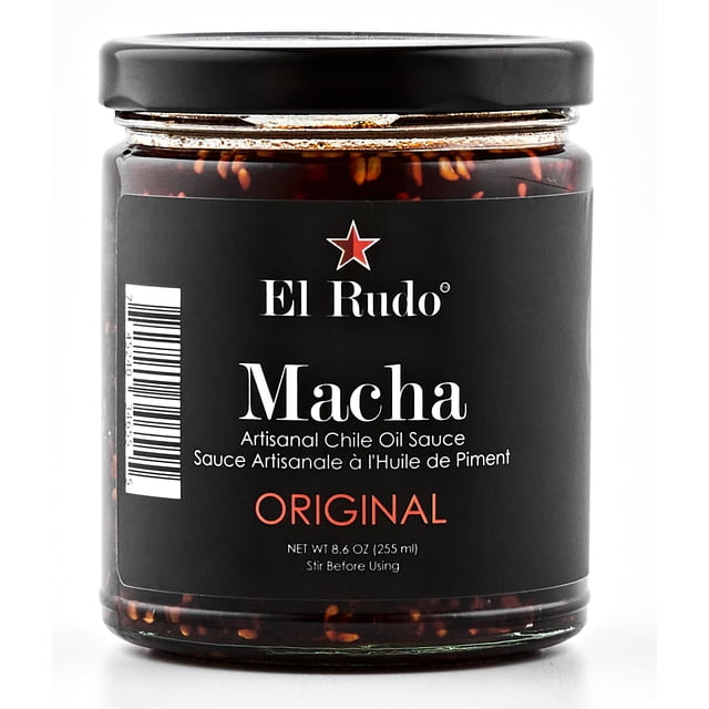 El Rudo Salsa Macha - Sauce à l'Huile de Chili - Sauce Piquante (Paquet Unique) - Saveur Originale dans un Pot en Verre de 9 Oz. le Pot Présente une Étiquette Noire avec un Texte Blanc et Rouge Audacieux, Mettant en Valeur la Sauce Artisanale à l'Huile de Chili Faite avec des Graines de Sésame, de l'Ail et des Piments Séchés au Soleil. Parfait pour tacos, pizza, dumplings, Sandwichs et marinades, Ce condiment Polyvalent Est un Essentiel du Garde-Manger