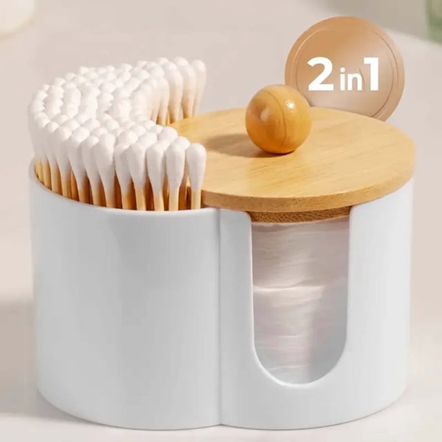 Contenants de Rangement pour Organisation Domestique - et Support de Bureau Rond en Bois pour Salon Distributeur de Tampons Démaquillants