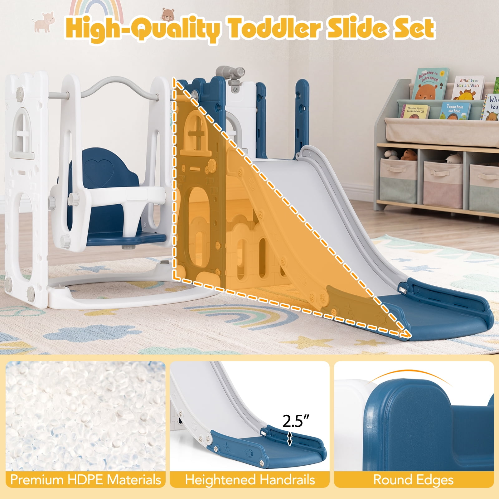 COSTWAY 7 en 1 Aire de Jeux d'Escalade Enfant avec Toboggan & Panier de Basketball, Jouet d'Escalade Montessori avec 2 Plateforme, Intérieur Extérieur, Charge 120kg pour Enfants de 3-7 Ans
