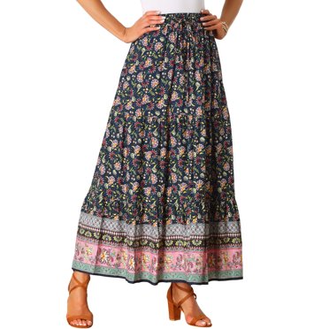 Unique Bargains Jupe Maxi à Taille Élastique à Imprimé Floral Bohème pour Femme, Bleu Marine, TG