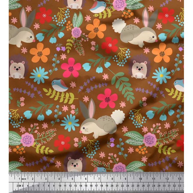 Soimoi Tissu en Georgette de Polyester à Motif Floral, Tissu à Imprimé de Dessins Animés Rabbit & Porcupine au Mètre, 52 Pouces de Large
