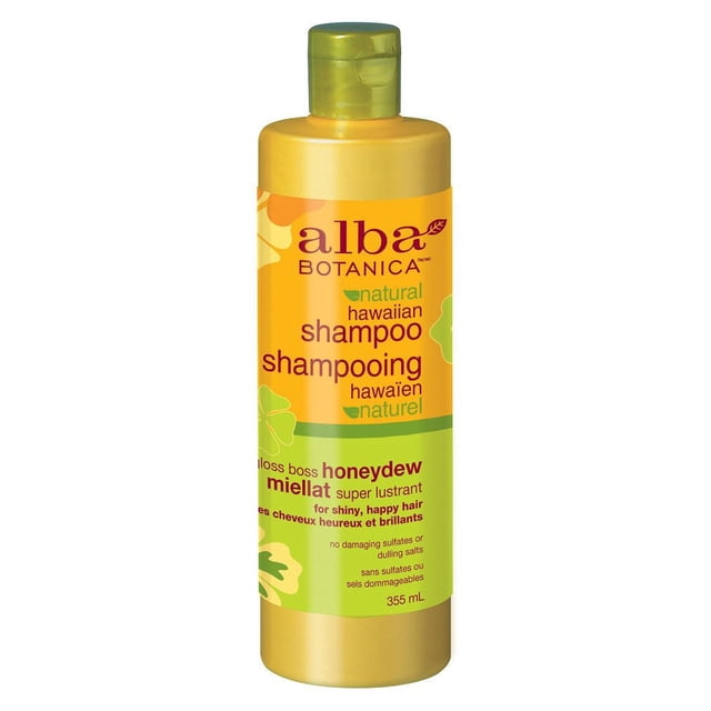 Alba Botanica Gloss Boss Shampoing Hawaïen Naturel au Melon Miel en Bouteille de Plastique Jaune et Verte de 355 ml avec Bouchon Vert à Rabat, Formule Sans Sulfate Qui Nettoie en Douceur et Nourrit les Cheveux pour des Résultats Brillants et Vibrants.