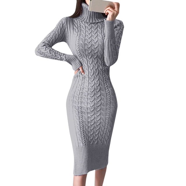 Kcodviy Robes d'Été à Col Roulé à Manches Longues pour Femmes, Robes Chandail de Travail pour Femmes, Robe Moulante Tricotée Décontractée d'Automne, Robe Midi, Robes Chandail