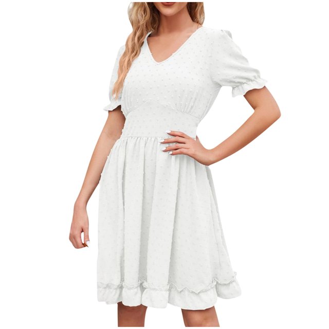 Dvprdro Robe en Chiffon pour Femmes, Mode Été, Col en V, Manches Courtes, à Volants Plissés, Décontractée, Ample, Boho, Plage, Soleil, Mini Robe