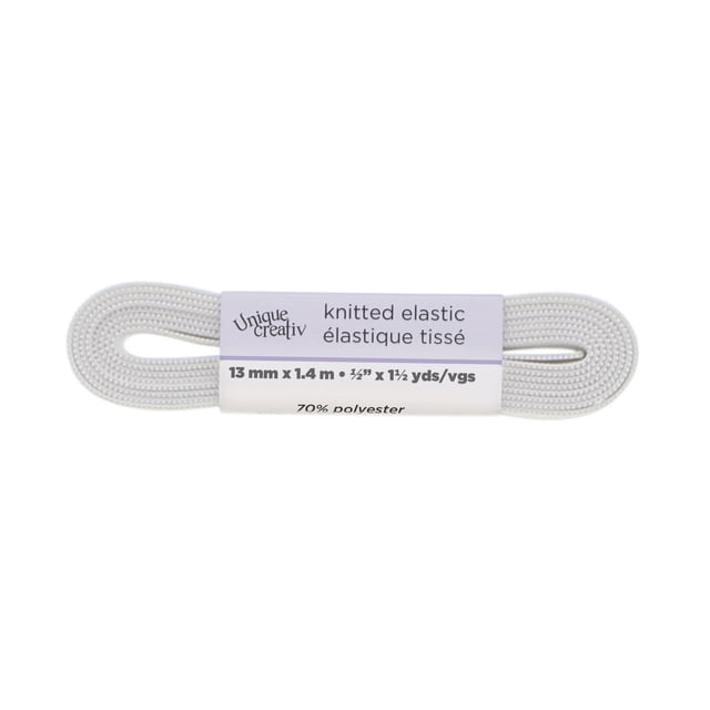 Unique Creativ Knitted White Elastic band coiled with a label showing 13 mm width and 1.4 m length, made of 70% polyester and 30% rubber with vertical ribs to prevent rolling and twisting, ideal for sewing notions and crafting, suitable for use in casings or stitched through fabric.