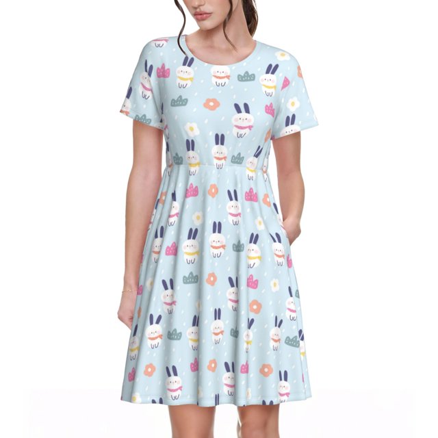 Bixox Women's Short Sleeve Summer Dress Loose Swing Knee Length Dresses with Pockets-Rabbit In The Rain
