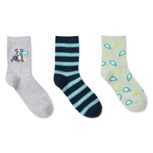George Women's Mid-Crew Socks 3-Pack includes three pairs: light grey with a dog holding a tennis racket and ball, navy blue with grey and teal stripes, and light green with teal tennis rackets and yellow tennis balls, made from soft, breathable cotton-rich fabric suitable for casual daily wear.