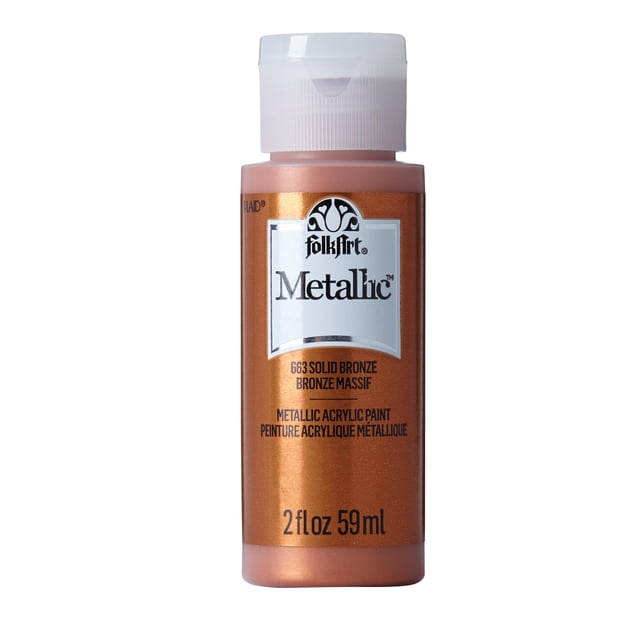 Folkart Metallic Acrylic Paint Solid Bronze 2 fl oz bottle with a shiny bronze metallic finish and white flip-top cap, ideal for arts and crafts on wood, canvas, and paper, offering smooth application and quick drying.